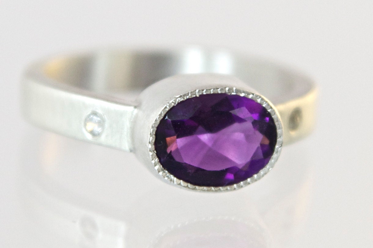 Amethyst Ring in Sterling Silver with White Sapphire Accents and Millegrain Detail Brushed Finish