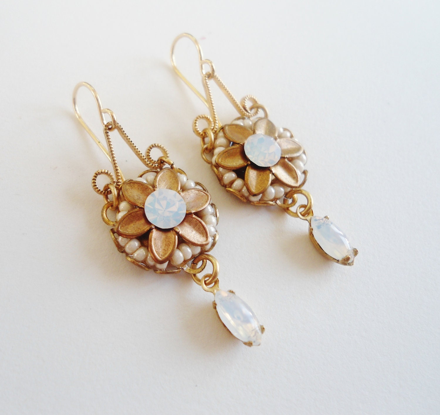 Earrings, Opal,  Mosaic, Drop, Bridal, Flower, White