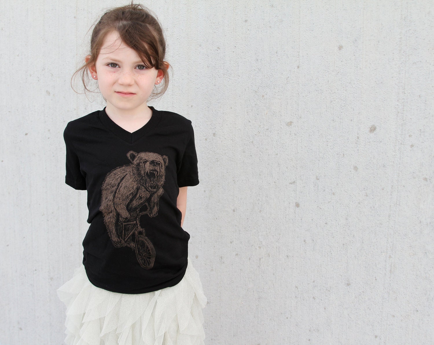 Bear on a Bicycle - Kids V Neck - Black T-Shirt - American Apparel