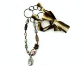 Chunky Ribbon And Chain Beaded Pendant Necklace Coffee House -Gemstone Metal Adjustable Brown Ivory Pewter Gunmetal