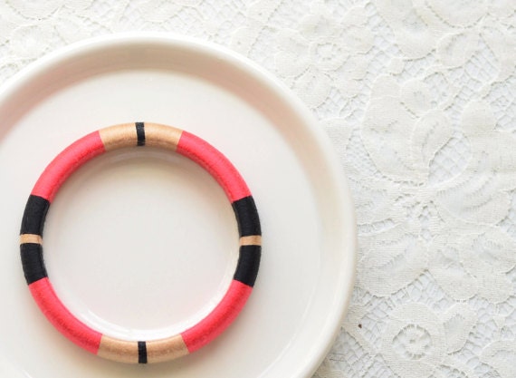 Hot Pink. Biege. Black. Layered Thread Bangle Bracelet with Stripes - no. 513A
