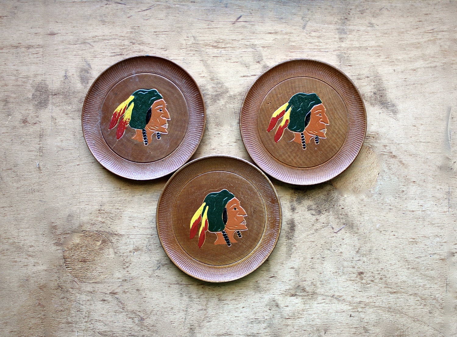 Three Little Indians - Vintage Coasters -  Made in Japan - Native American - Indian - Southwest - Tribal - Wooden
