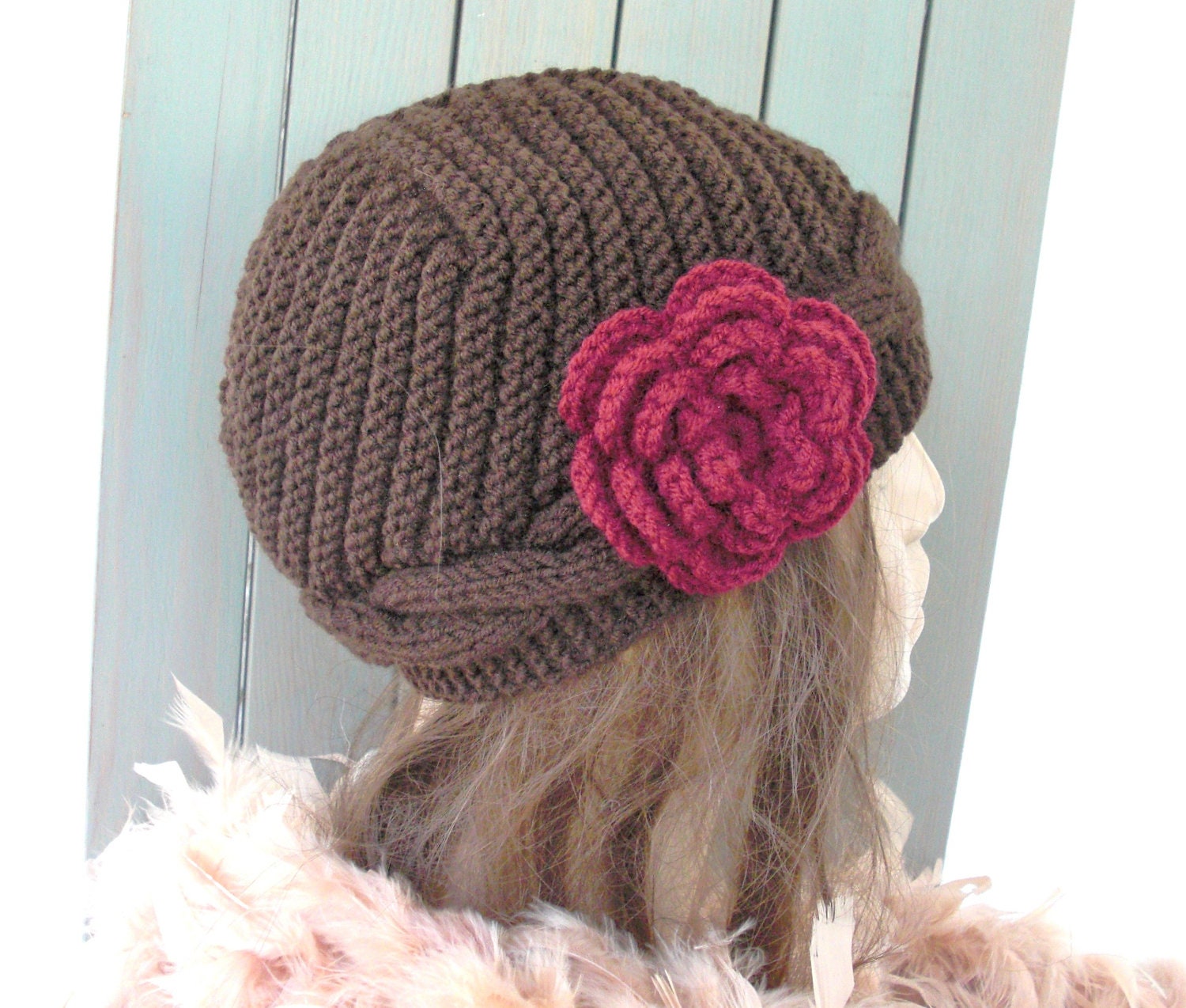 Hand Knit  hat- Cable knit  Womens  hat  Slouchy Beanie  Cloche  Wool hat   in Brown  with flower Fall autumn winter accessories Fashion
