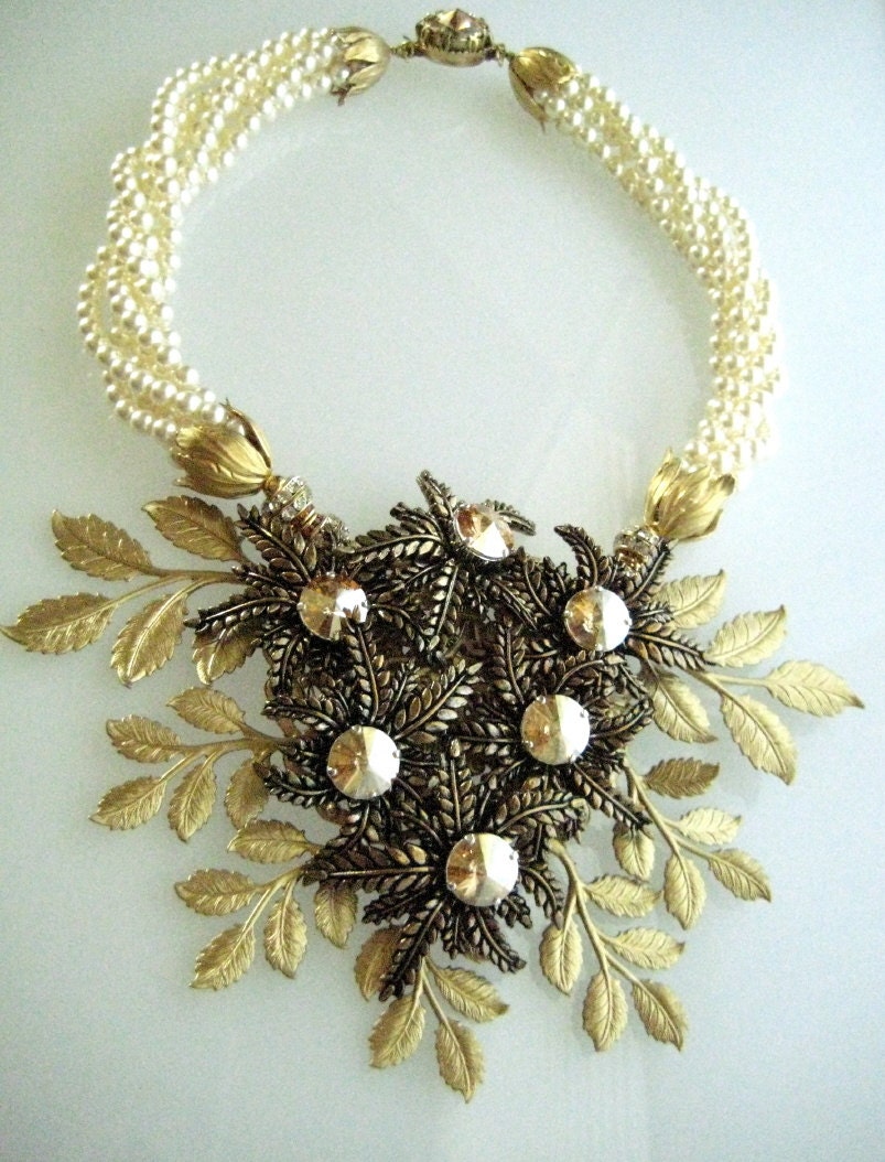 OOAK Golden Shadow - Flower Statement Necklace, Wedding Jewelry, Bridal Jewelry, Special Event, zoeJane Jewels Fantasy Flower Collection