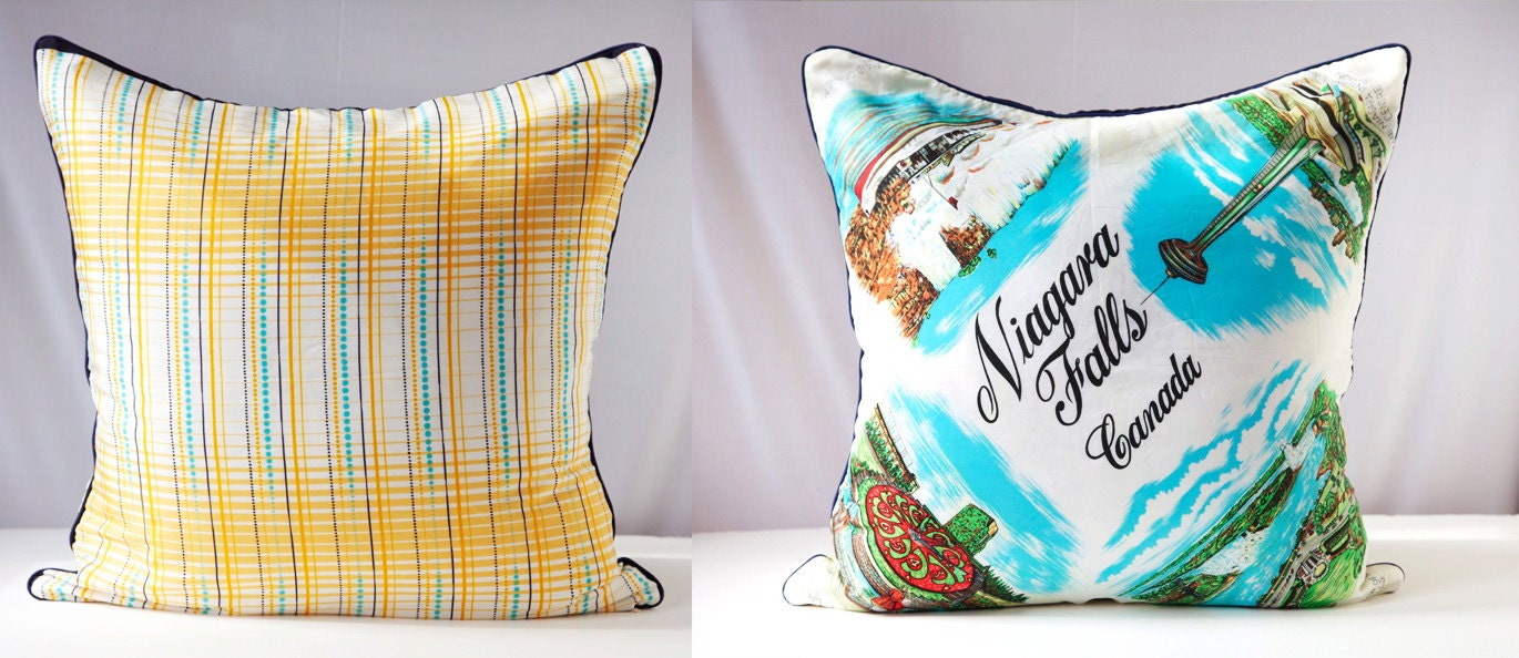 Pillow Cover, Niagara Falls & MOD Print Decorative Vintage Scarf Throw Cushion Cover Eco Chic Holiday Gift  22 x 22