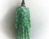 Vintage 1960s Dress Green Sheer Floral Print