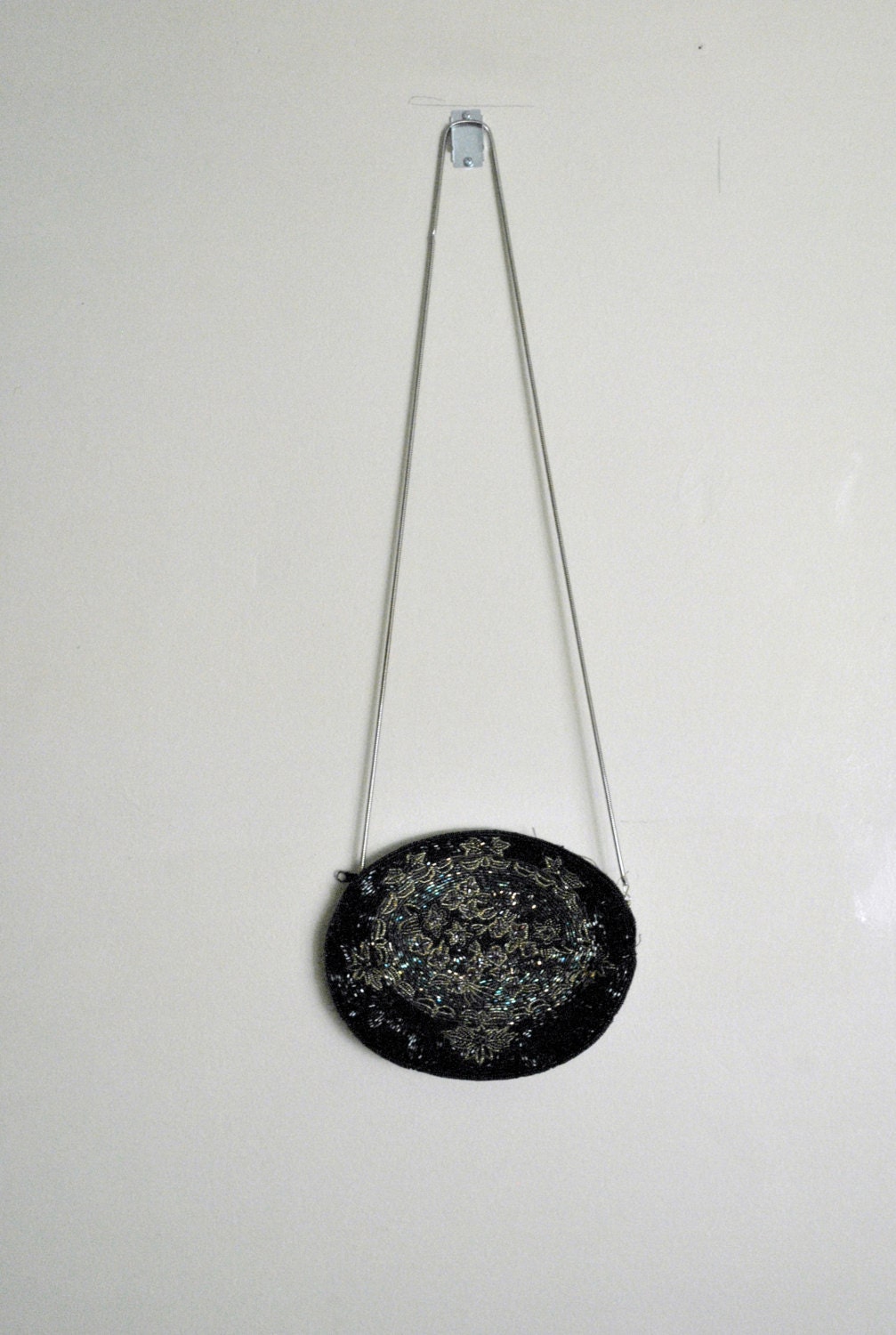 1980s Beaded Purse/ Round Black Evening Back with Chain Strap