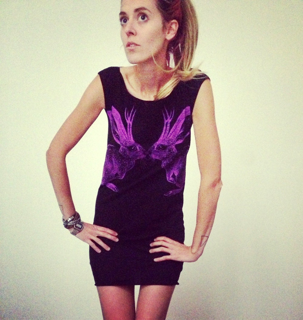 Kissing Jackalope tshirt dress - eco-friendly neon purple ink screenprint on black cotton - womens size Small only