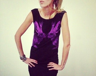 Kissing Jackalope tshirt dress - eco-friendly neon purple ink screenprint on black cotton - womens size Small only