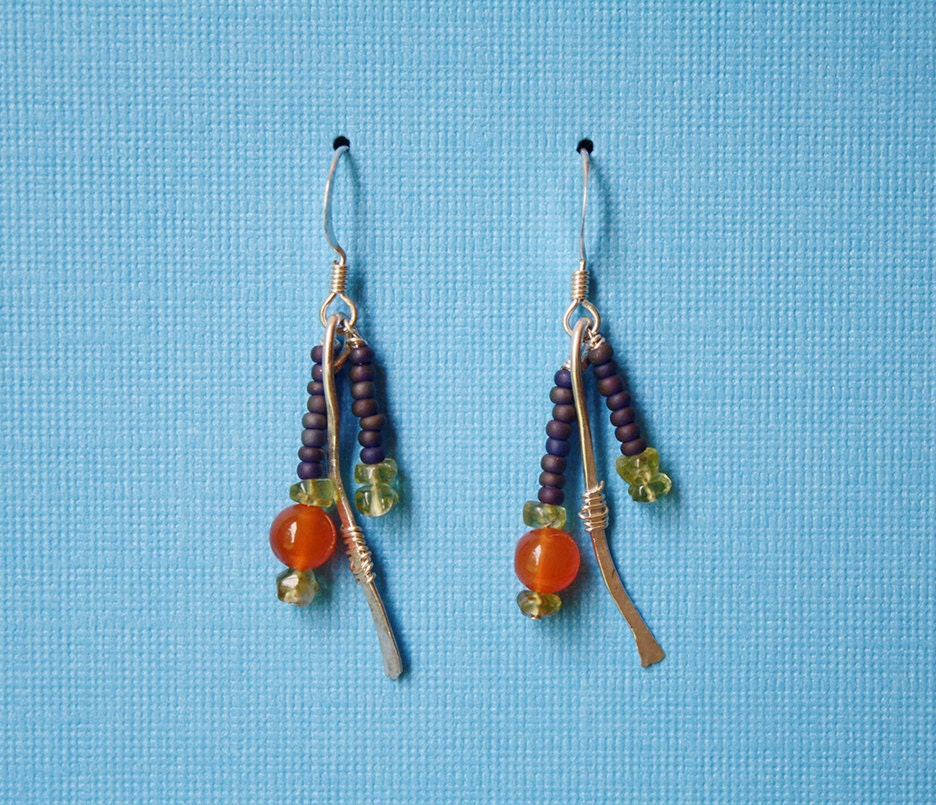 Sterling Silver, Carnelian, Peridot, and Glass Earrings