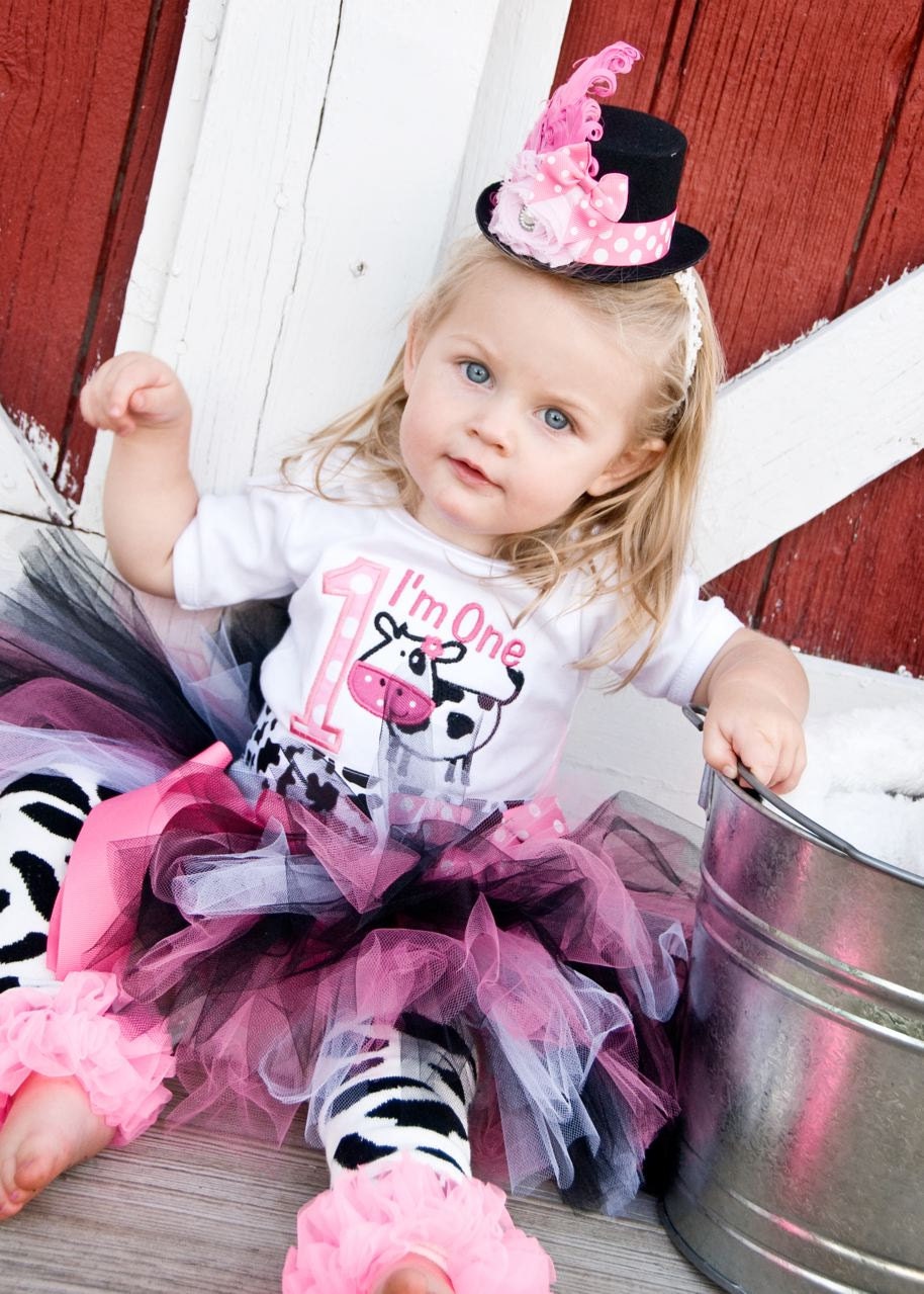 First Birthday Girl Bodysuit, Cow, Farm, Pink and Black