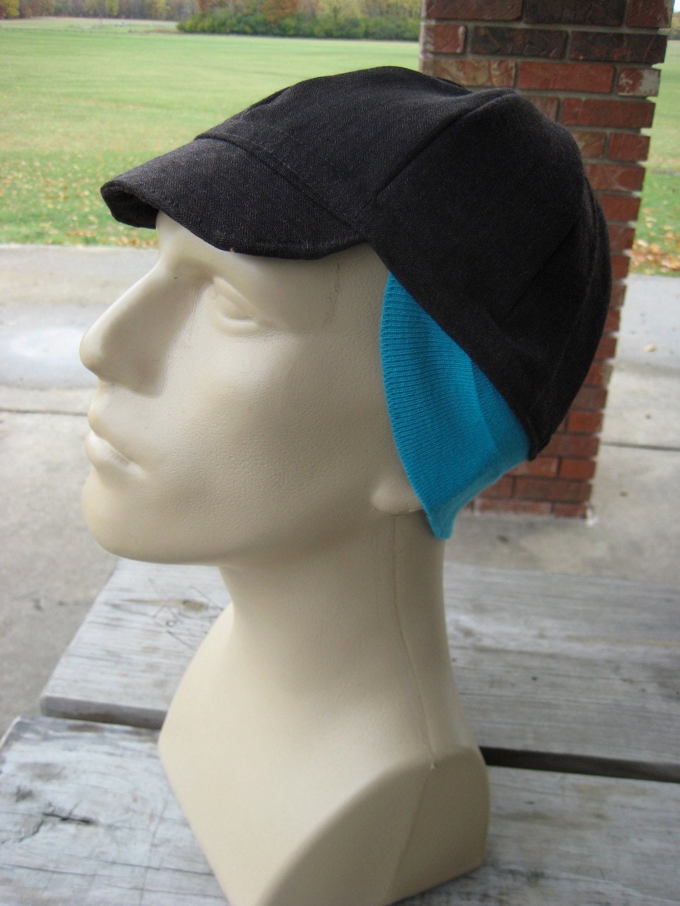 Winter Cycling Cap w/ Ear Band - Dark Brown Wool Tweed with Turquoise (Medium/Large)