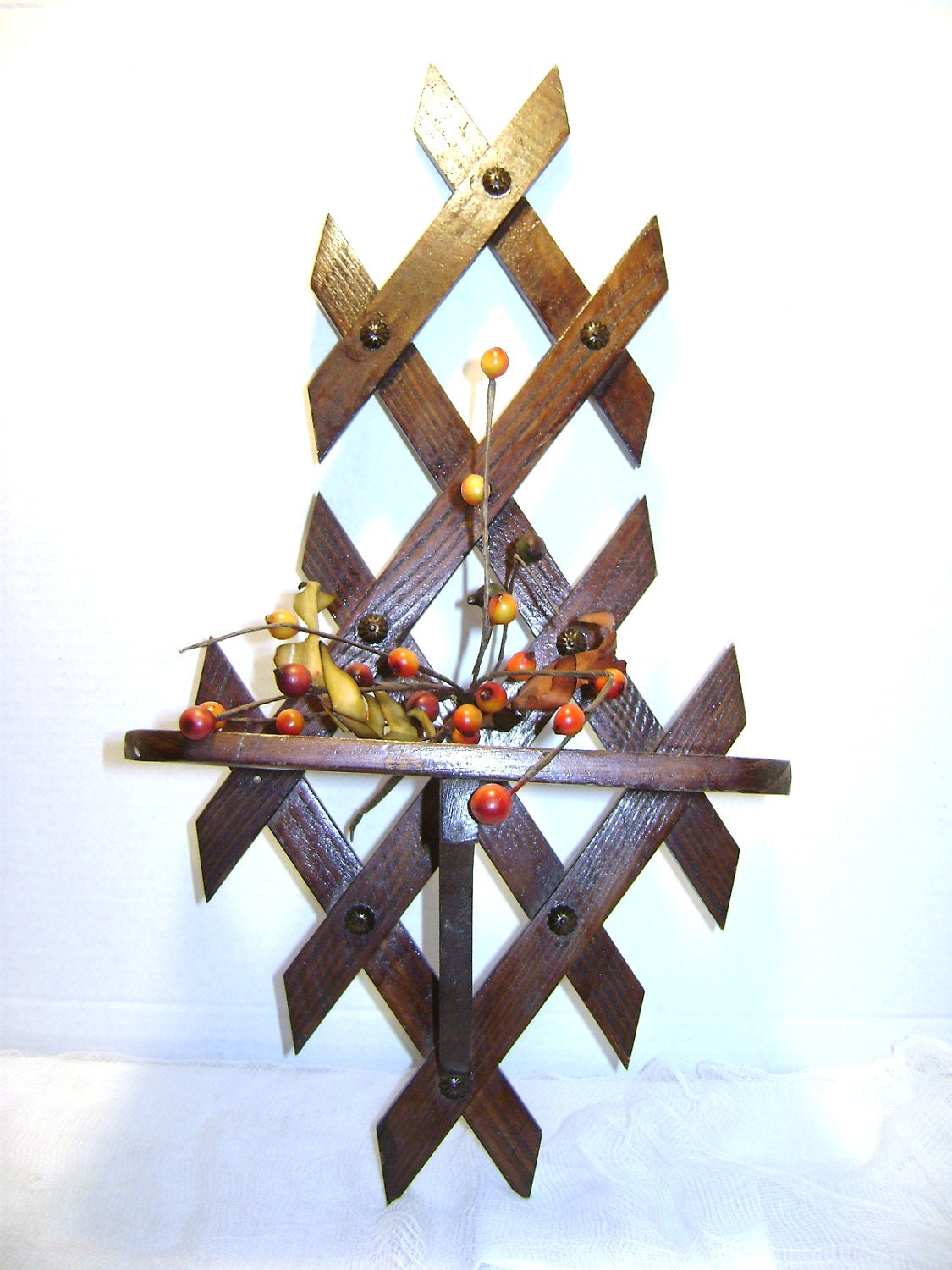 Vintage Wooden Shelf, Lattice Criss Cross Diamond Shape Design, Rustic Dark Stained Pine, Trinket / Knick Knack Display