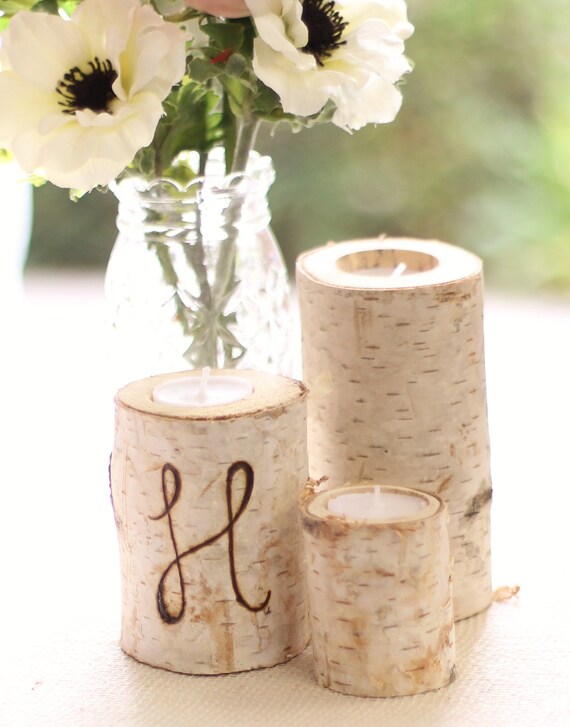 Personalized Birch Bark Candle Holders Rustic Chic by braggingbags