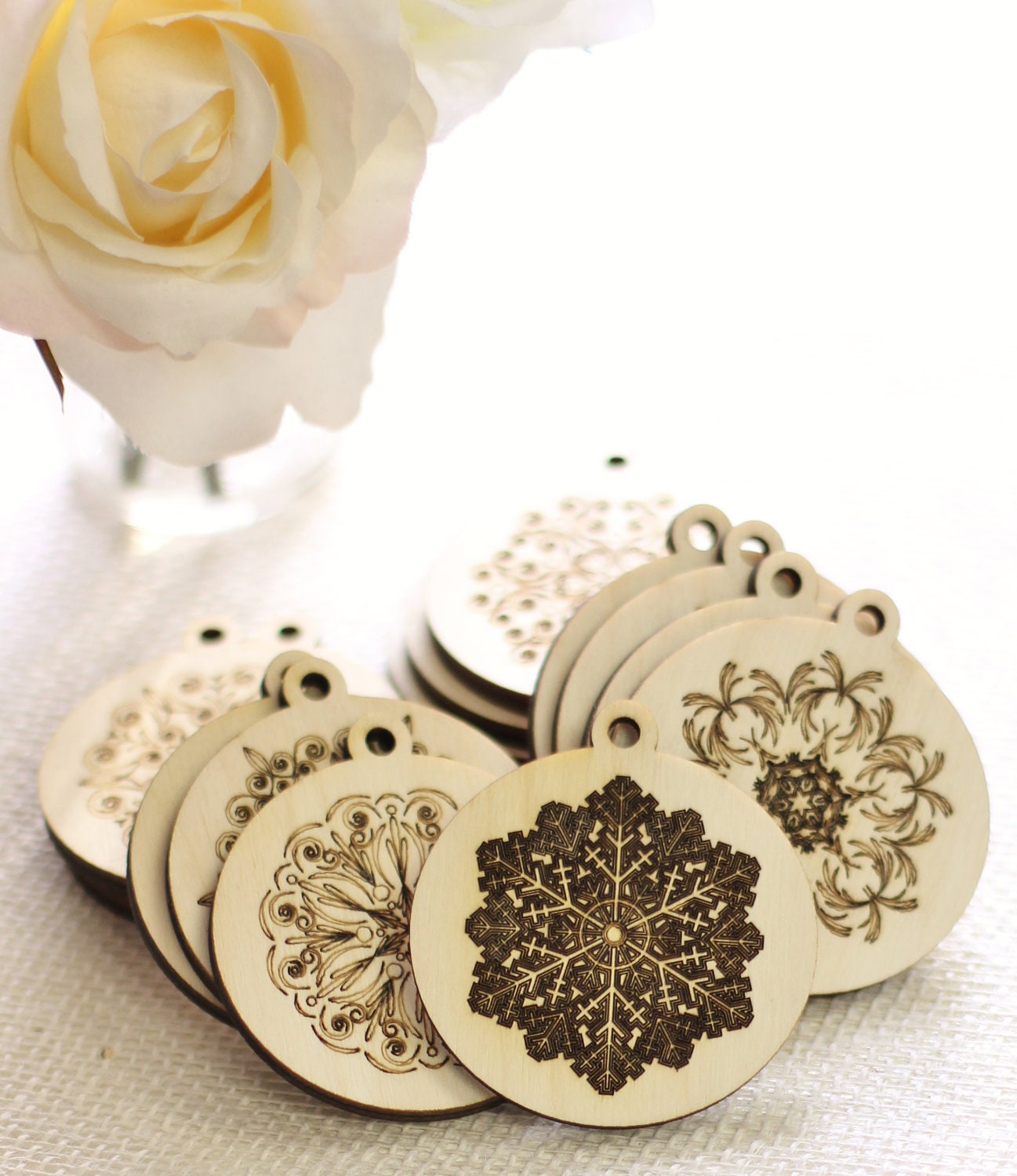 Wood Christmas Ornament Set Snowflakes Eco Friendly Vintage Inspired Rustic Chic