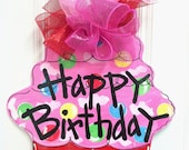 Happy Birthday Pink and Red Cupcake Door Hanger - Bronwyn Hanahan Original