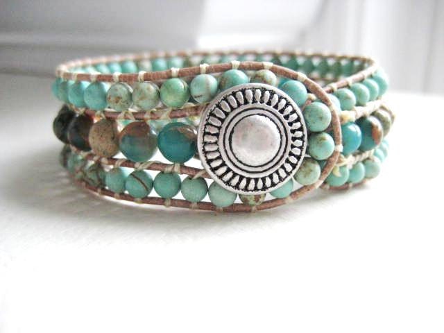 Ocean Jasper Gemstone Beaded Cuff Bracelet - Ocean Jasper and Light Magnesite on Light Brown Leather Three Rows