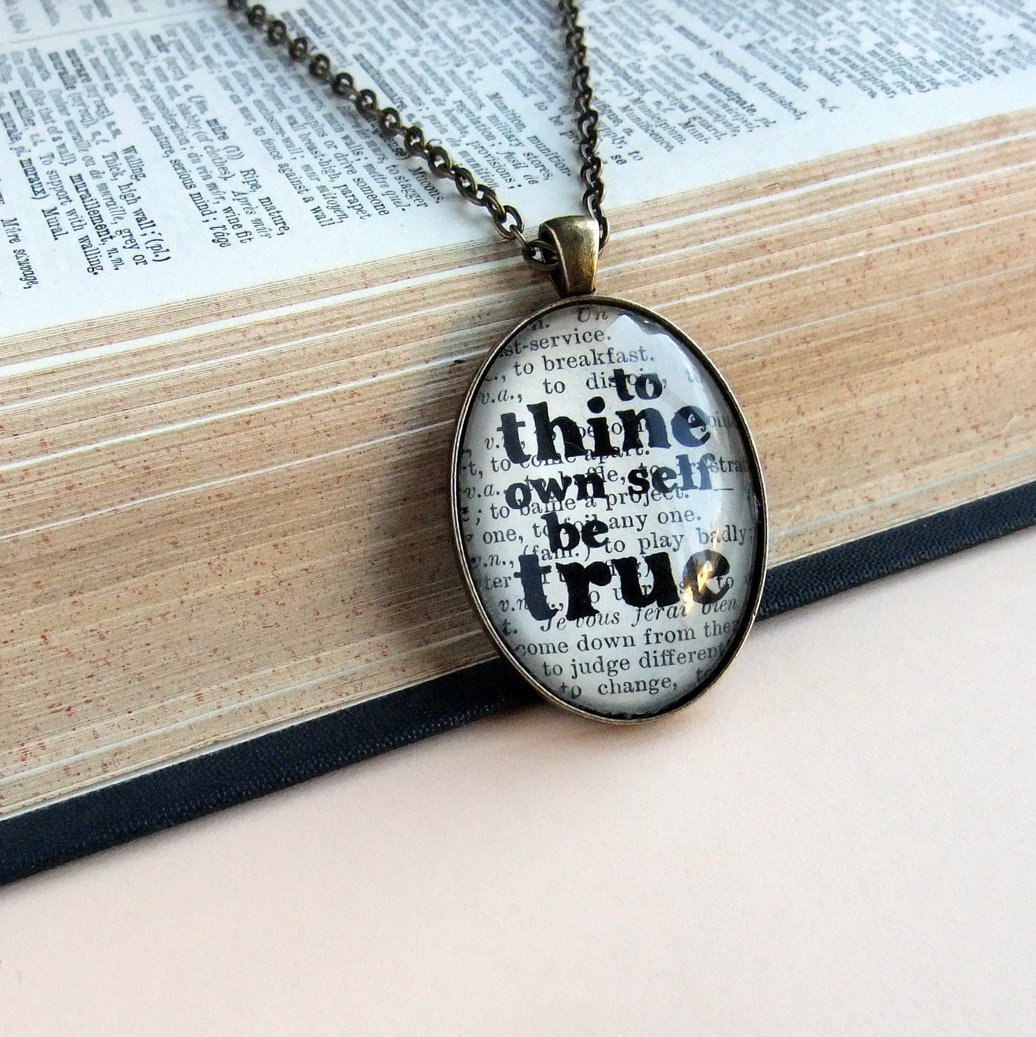 Bronze pendant necklace Shakespeare book page with inspirational quote