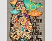The Higher The Hair, 8x10 digital print, beauty shop humor, bright multicolor collage, tangerine turquoise gray