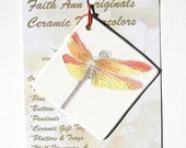 WONDERFUL WATERCOLOR DRAGONFLY hand carved original ceramic ornament handmade red yellow lavender white lace wings by Faith Ann Originals
