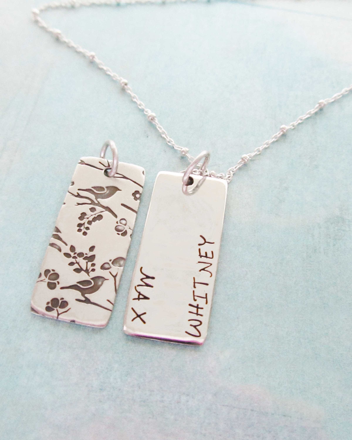 Sterling Silver Mothers  Bird Necklace Custom Double sided - A Bird In the Heart  - Long Rectangle High Quality Personalized stamped
