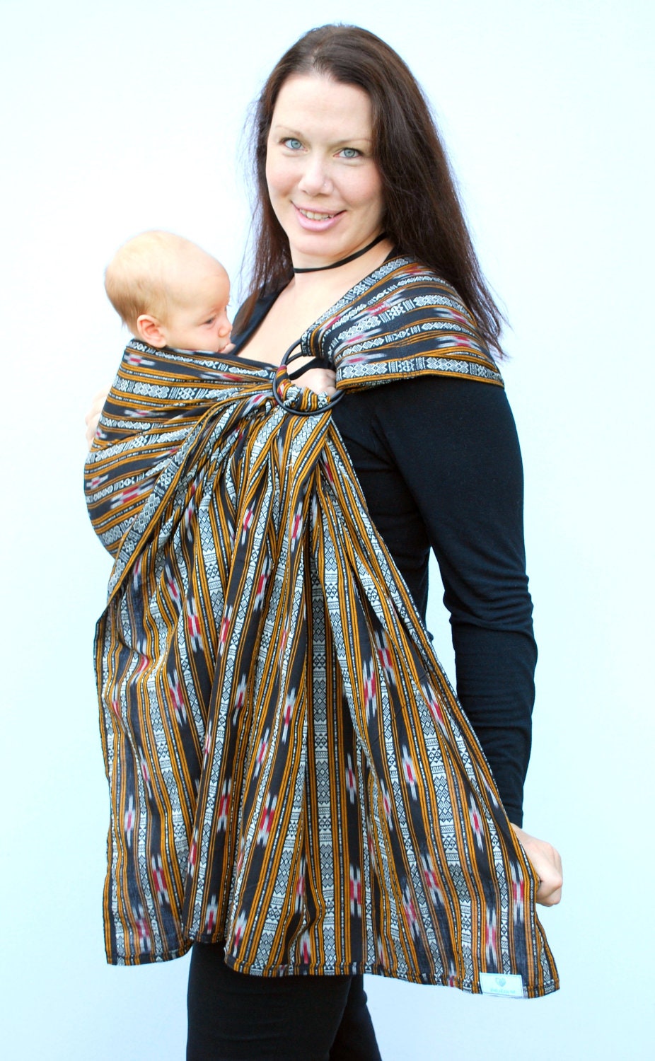 Baby Carrier Ring Sling -Woven Black and Red Aztec Pattern Pleated - Standard or Petite length only - Ready to ship in Standard