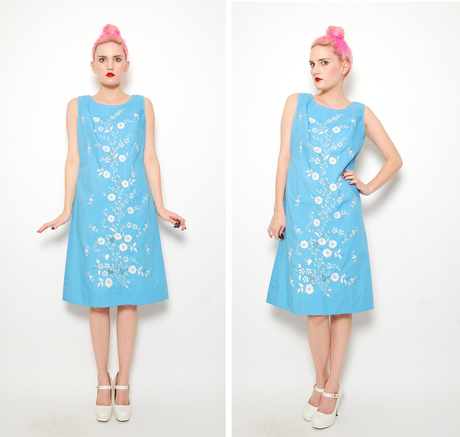 SALE 60s Shift Dress - Blue Floral Filipino Embroidered Dress - 1960s MOD Sleeveless Ethnic Knee Length Dress - S M 6 8