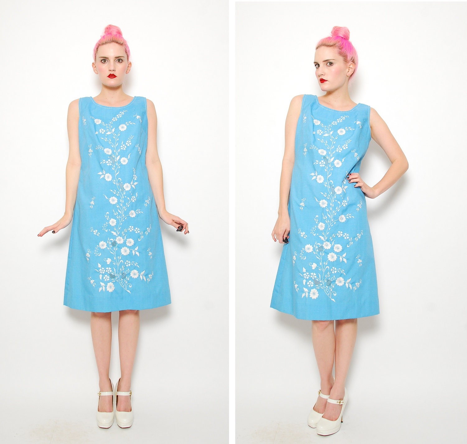 Follow My Passion 60s Shift Dress Blue Floral Filipino Embroidered