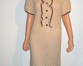 Hand Crochet Dress.  Tan with Ruffle front and Button detail.  Vintage 1950, 1960.