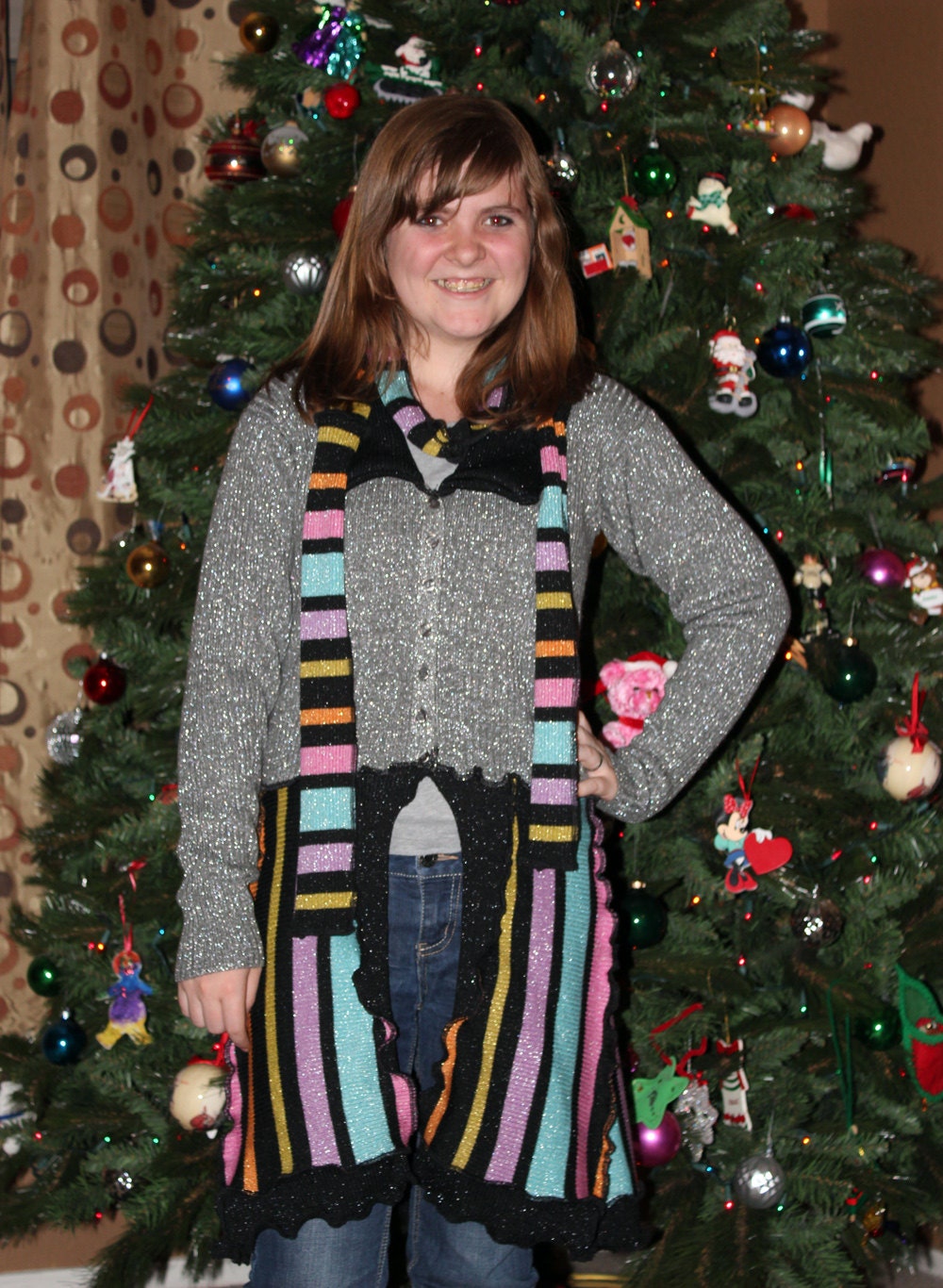 Recycled Metallic Sweater Coat, Scarf / Silver Shiny Multicolor Stripe / Upcycled OOAK
