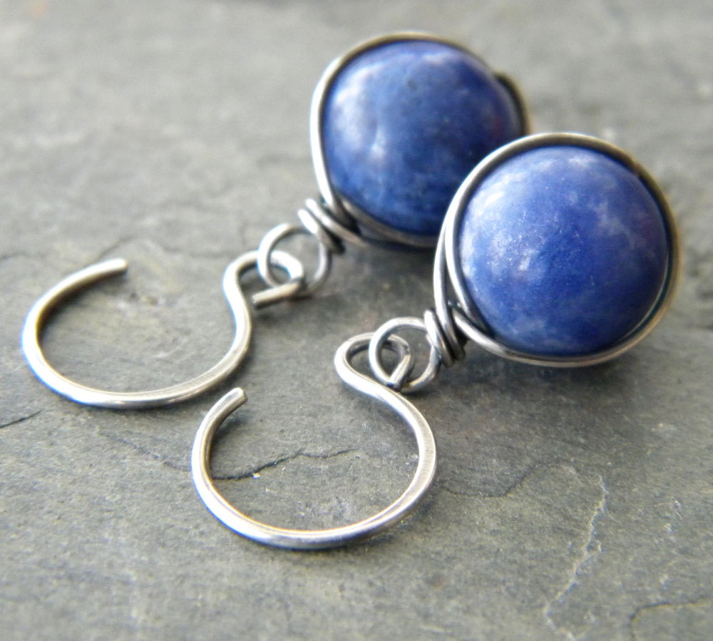Blue Earrings Sodalite Sterling Silver Wire Wrapped Oxidized Indigo Artisan Jewelry