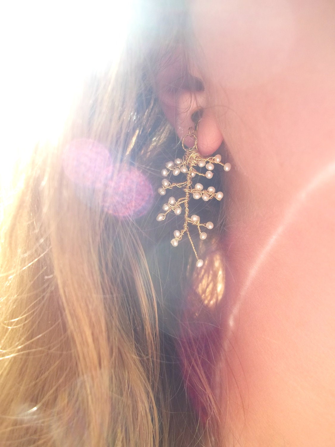 Blossoming Branch Earrings in Gold  with Tiny Freshwater  Pearls