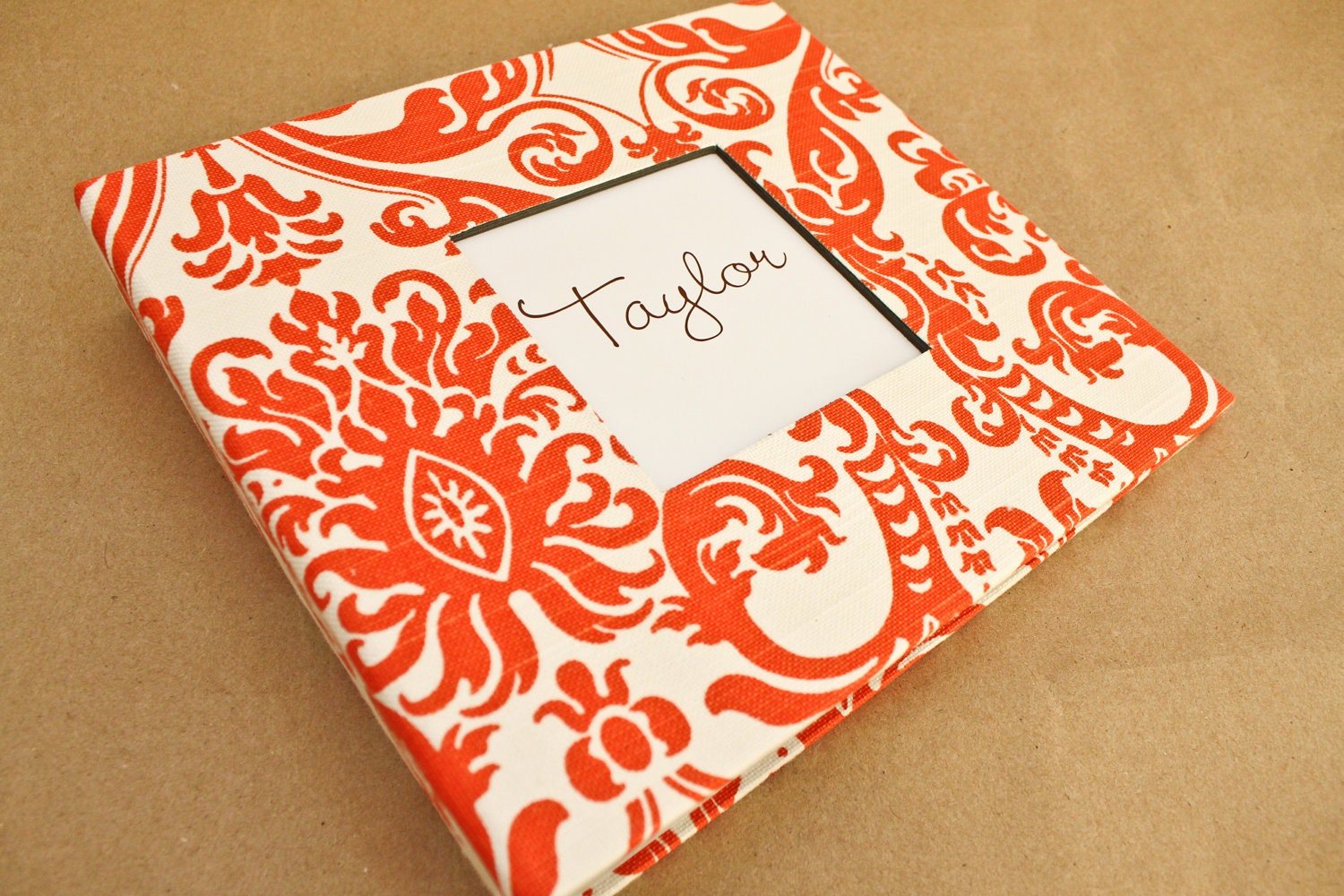 Baby Memory Book - Orange Damask Slub Fabric (78 designed journaling pages & personalization included with every album)