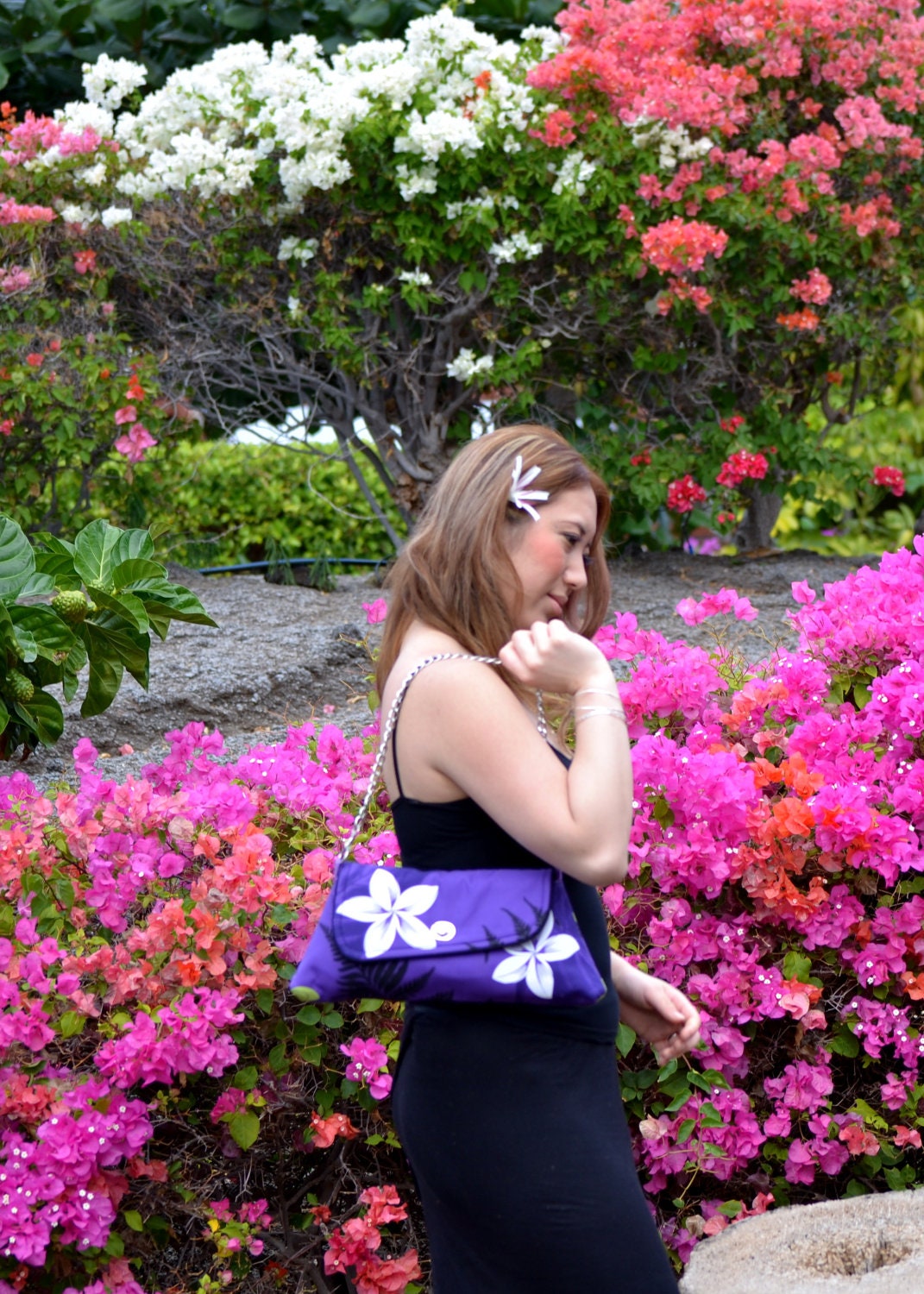 Purple Hawaiian Plumeria Clutch with Removable Chain Shoulder Strap