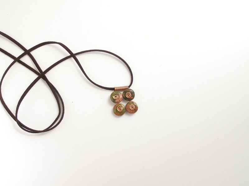 Pink Salmon Green UNAKITE casual pendant  with copper spirals made in Israel