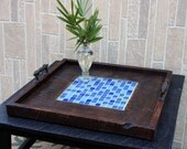 Large Ottoman Tray, Blue Medley Mosaic Tile Centerpiece, Reclaimed Wood, Rustic Contemporary, Dark Brown Finish, 24 x 24 - Handmade