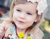 Ivory Hair Bow - Ivory Chiffon Rose Hair Bow Headband or Hair Clip - Baptism, Christening, Wedding, Baby, Toddler, Child Girls Headband