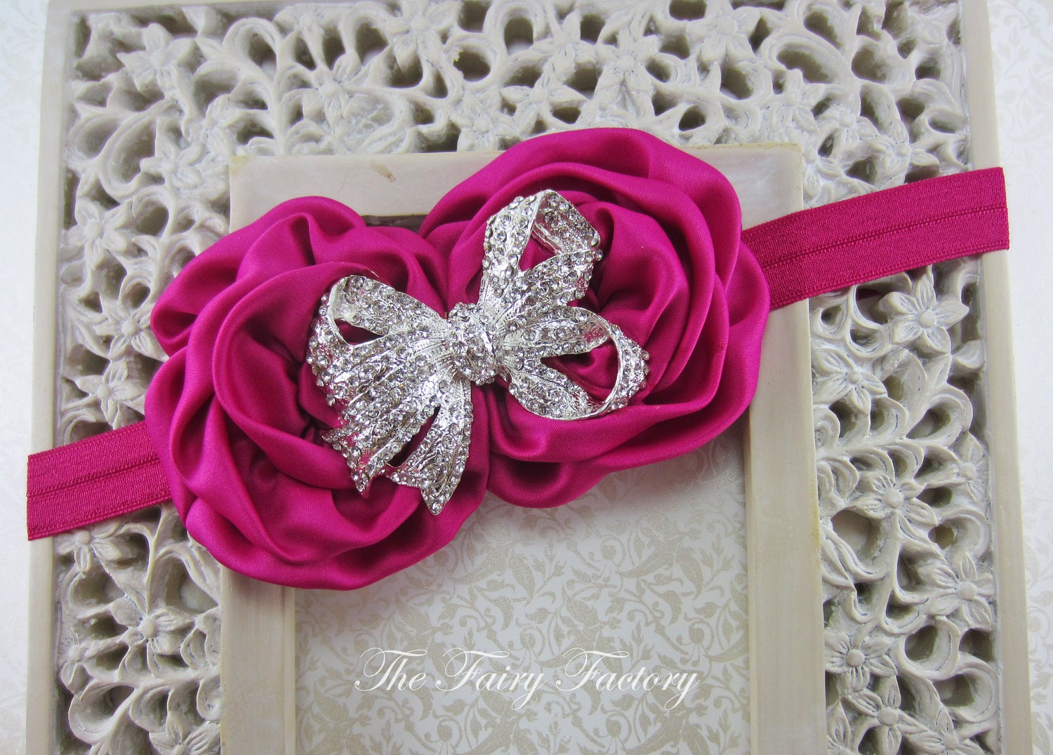 Hot Pink Flower Headband - Hot Pink / Fuchsia Satin Rosette Duo w/ Sparkling Rhinestone Bow Headband -  Baby Toddler Child Girls Headband