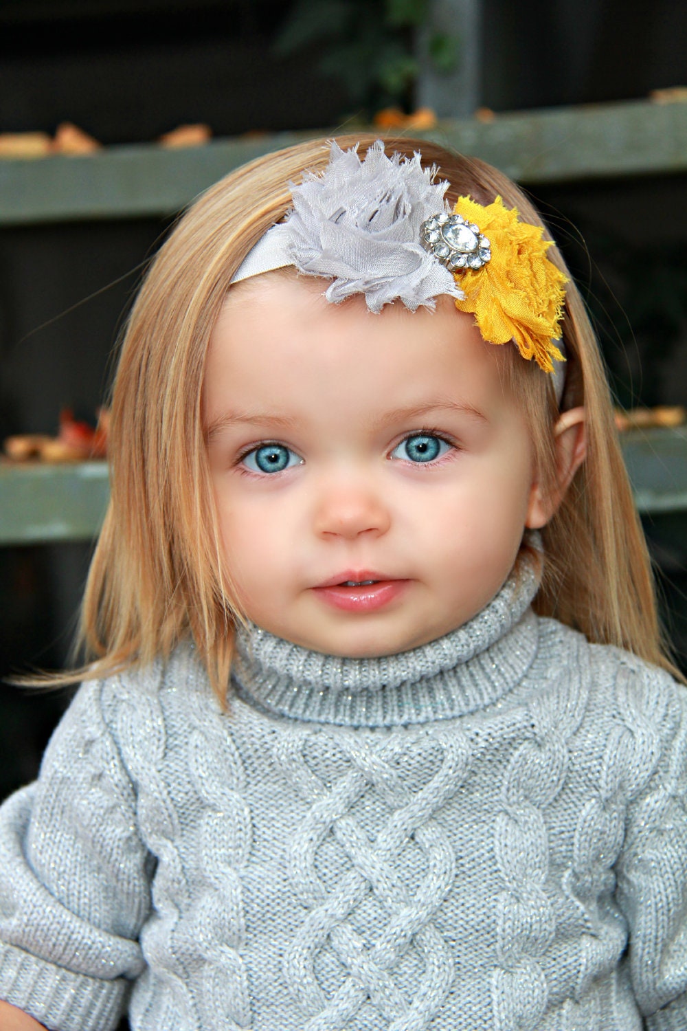 Shabby and Chic Frayed Mustard and Grey Fabric Rose Flowers on a Grey Fold Over Elastic Headband