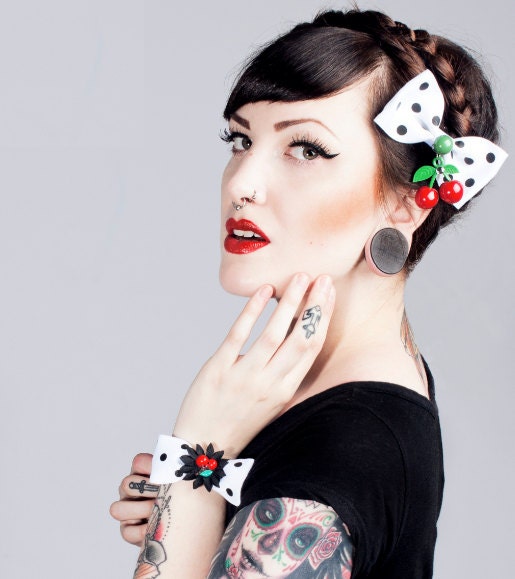 Psycho Monster Cherry & Dots Hair Bow - White