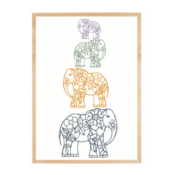 Elephant Family Portrait ( Baby elephants, Family tree, Elephant nursery decor, Mustard, Green, Purple)