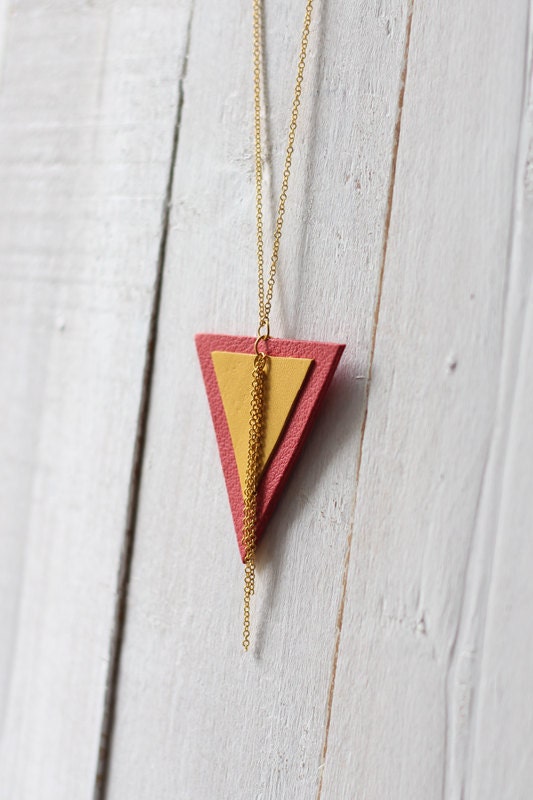 Leather reversed triangle necklace - coral & yellow