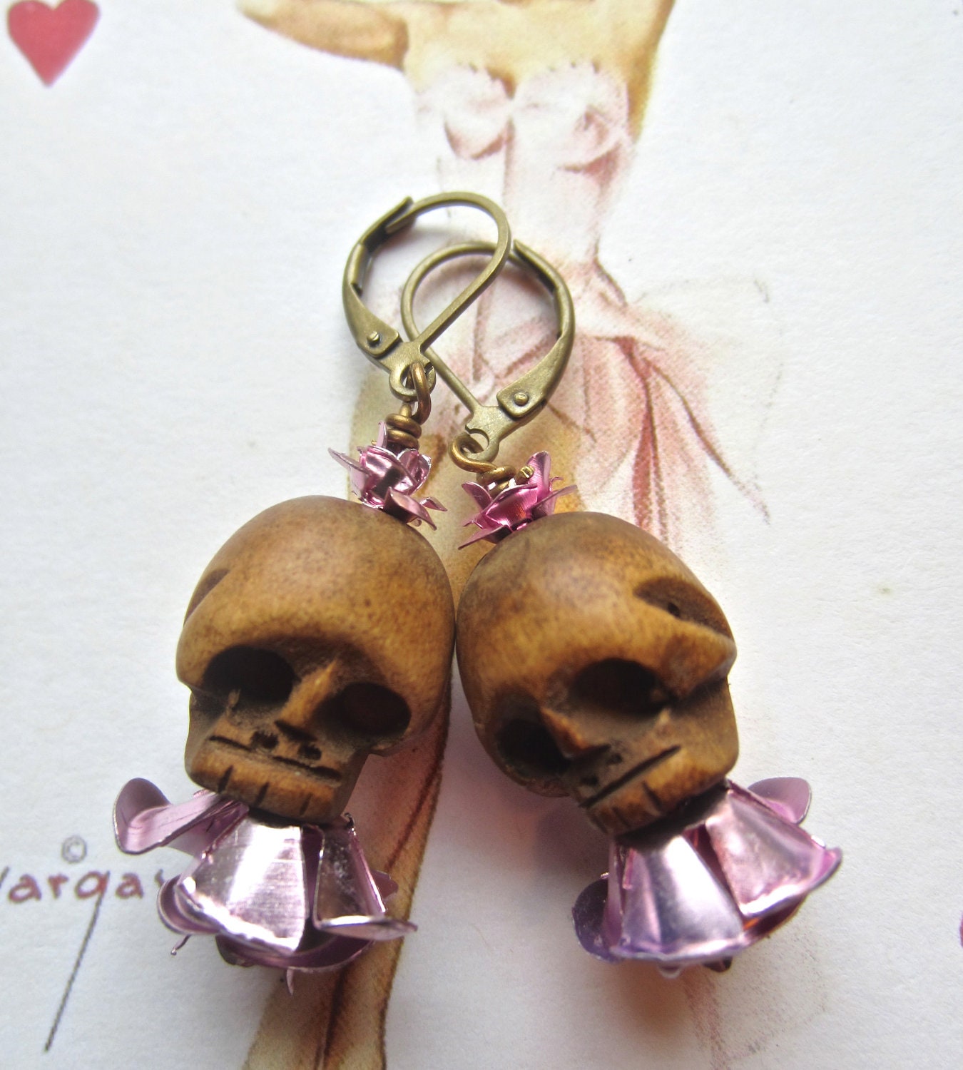 Day of the Dead Earrings -   pink flower and skull earrings