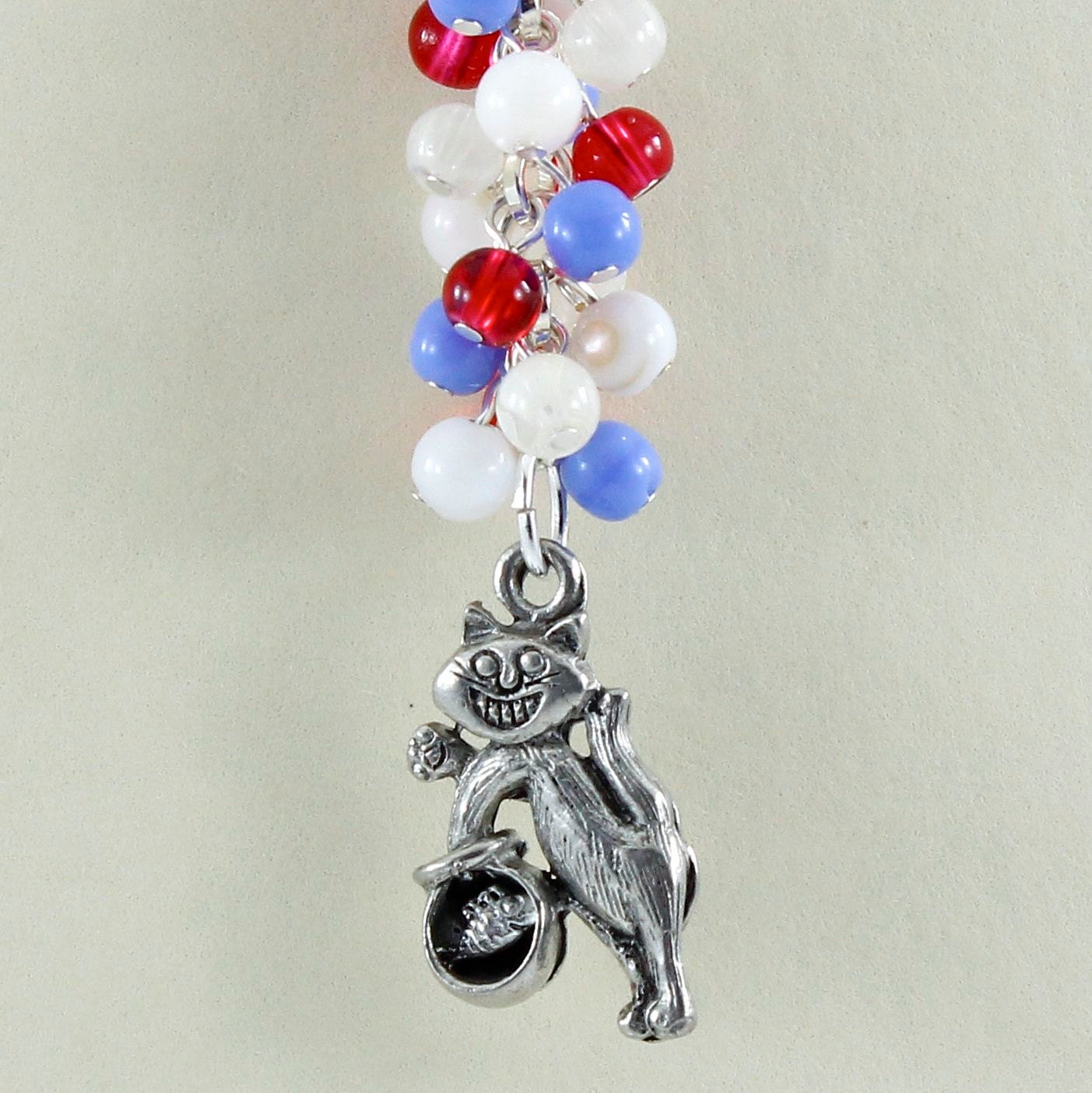 Funny Cat with Fishbowl Metal Bookmark, Handmade with Red White and Blue Cluster
