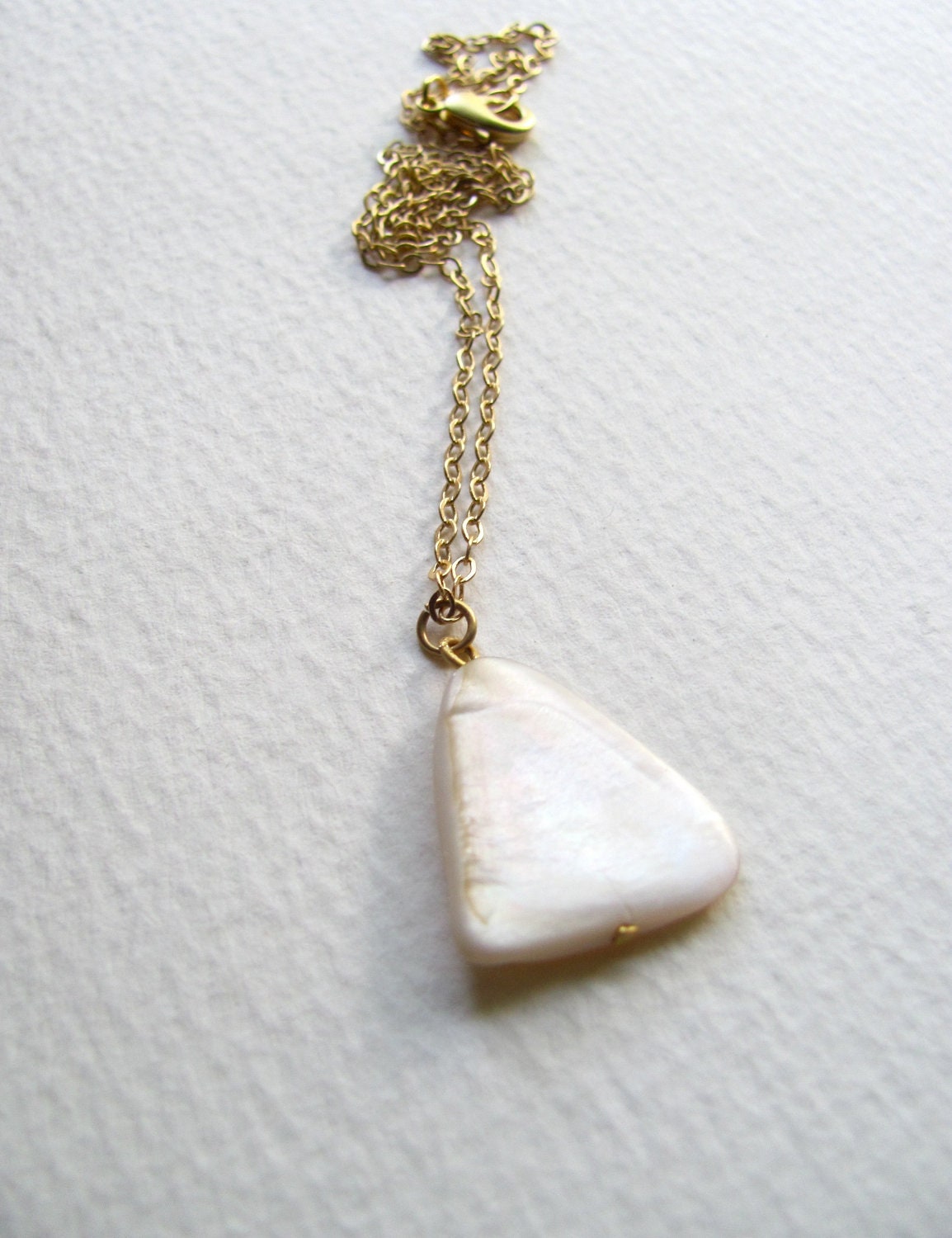 Mother of pearl triangle pendant necklace on delicate 14k gold plated chain