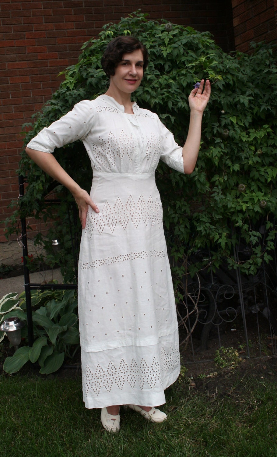 Vintage 1910s Edwardian White Eyelet Linen Tea or Wedding Dress