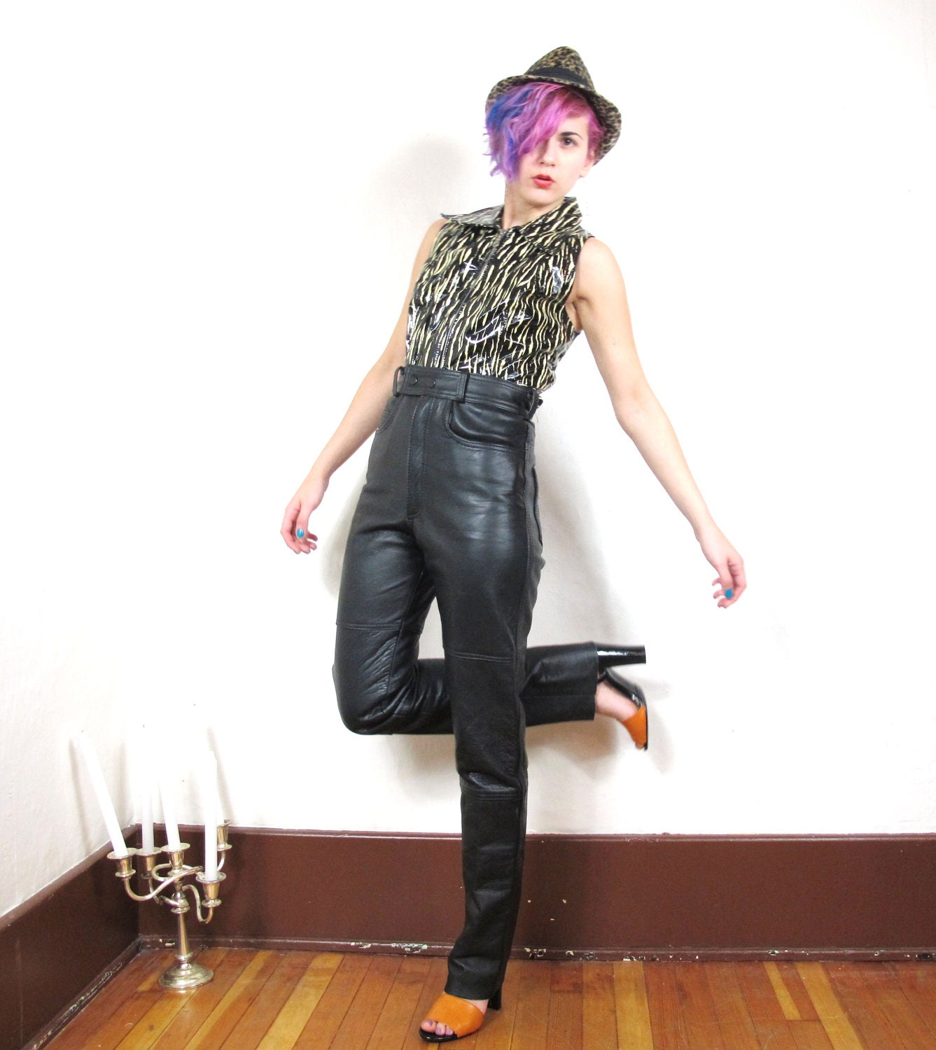 90s Black Leather High Waist Skinny Biker Pants  (XS)