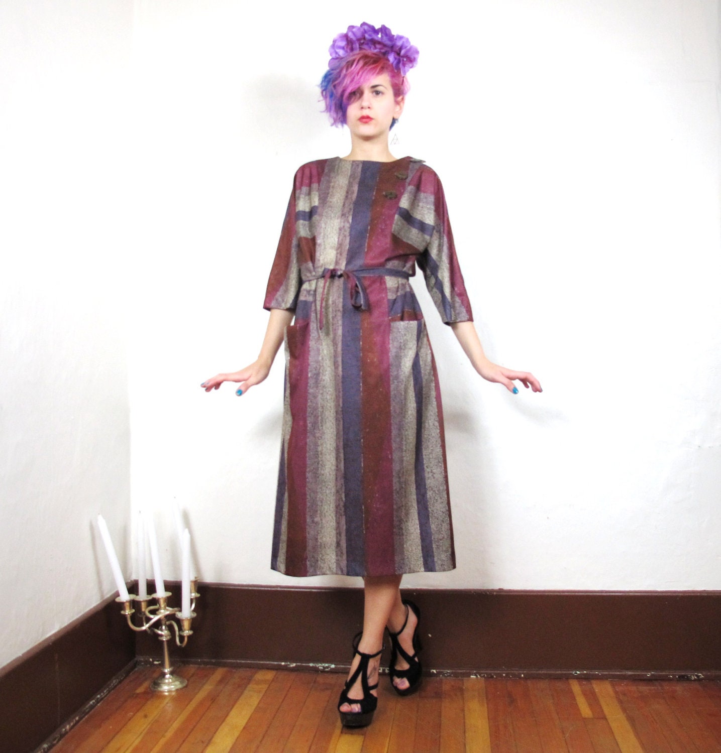70s Miss Berkeley Soft Purple Striped Belted Shirt Dress (M/L)