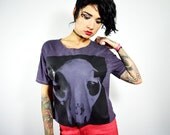 sale Bobcat Skull Grunge baggy T Shirt Black Hand Dyed Grey Women's Small Medium Oversize