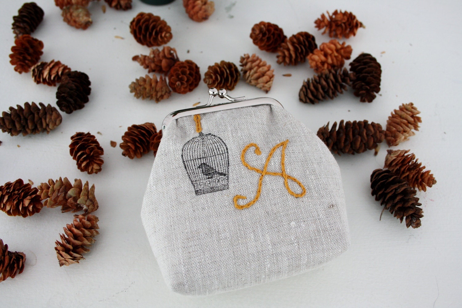hand embroidered bird cage mini clasp purses